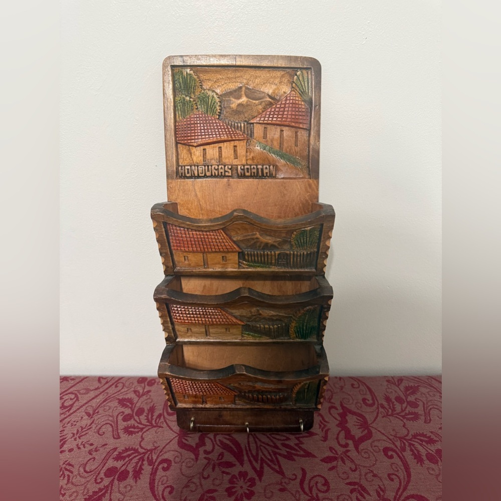 vintage, hand-carved wooden wall-mounted mail sorter and key holder
